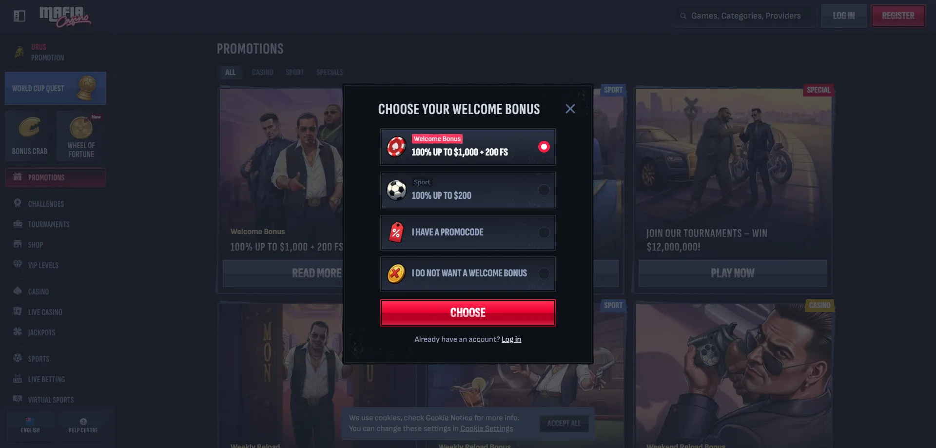 Mafia Casino registration sign up form for New Zealand players