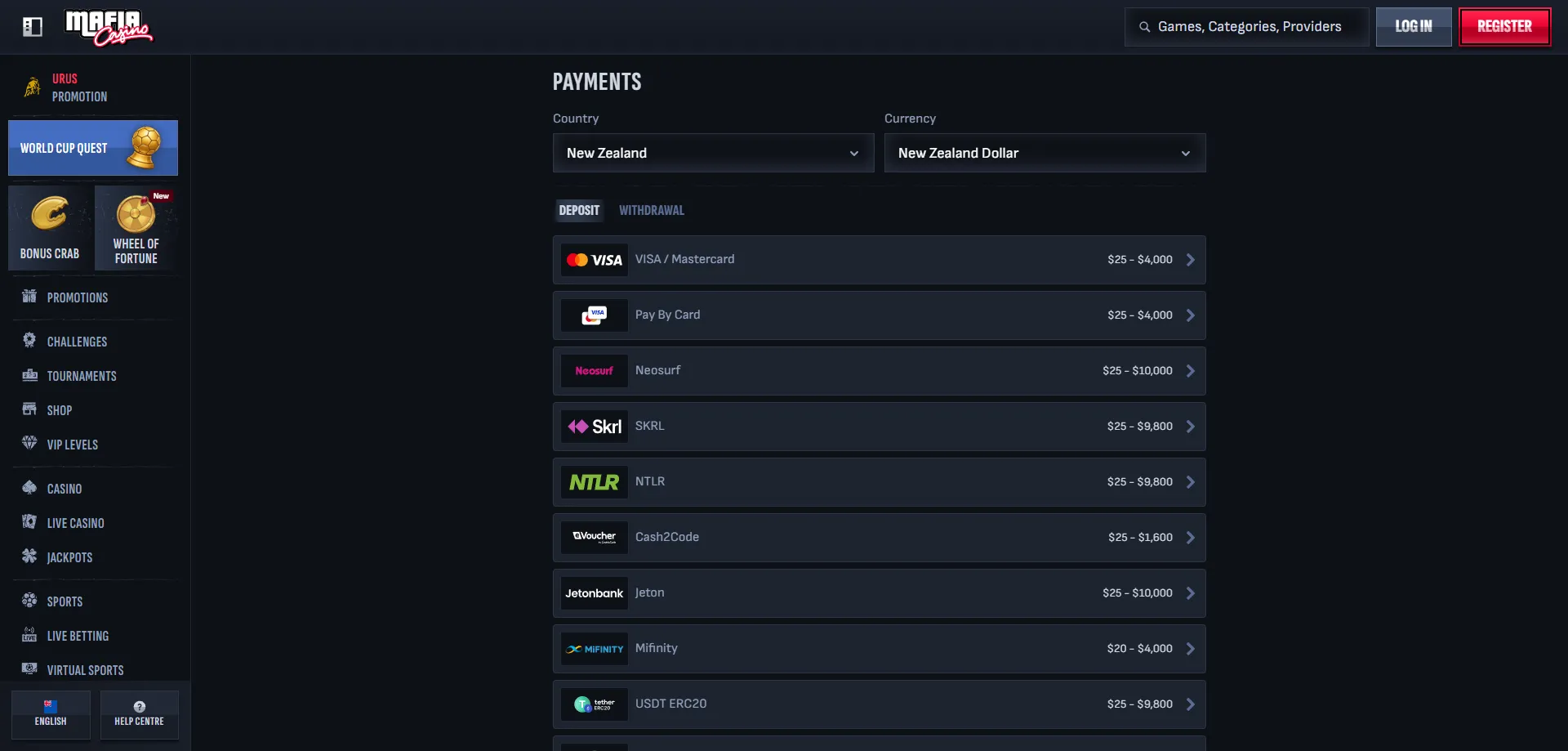 Mafia Casino payment methods deposit and withdrawal for NZ