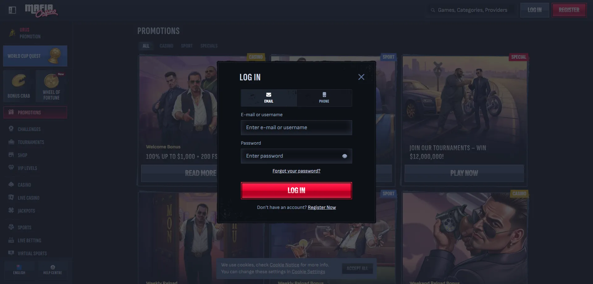 Mafia Casino login page and account dashboard for NZ